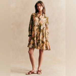 Sezane Olive Green Floral Long Sleeve Tiered Mini Dress